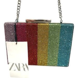 NEW ZARA Rainbow Crystal Clutch Bag | Glitter Metallic Party Purse